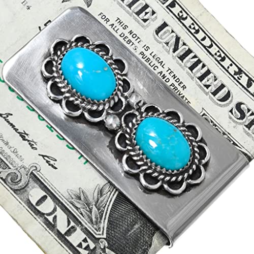 Native American Kingman Turquoise Money Clip Navajo Sterling Design on Silver Clamp 00952