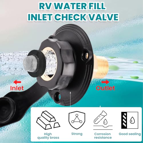 Image of RV City Water Inlet with Check Valve, 3 /4 NH Female to 1 /2 NPT Male Thread Fresh Water Inlet Replacement, City Water Fill Inlet Connection with Dust Plug for RV Camper Motorhome Trailer Marine