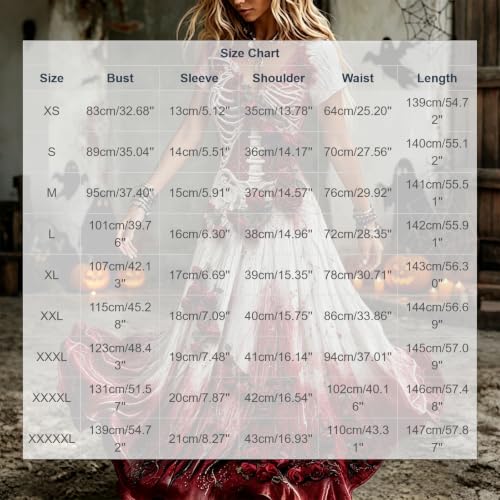 XOGWVJ Halloween Dresses for Women Skeleton Print Gothic Maxi Dress Short Sleeve Costume Party Outfit Renaissance Medieval plus size medieval dress Red M - image 4
