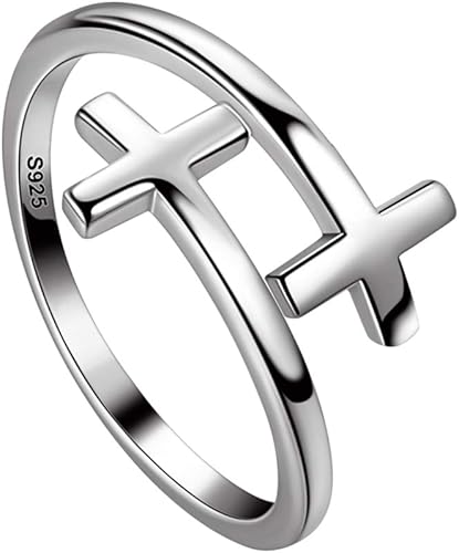 Anillo de cruz ajustable para mujer, plata de ley 925, joyería fina, regalo para inspiración, anillo cristiano, fe esperanza, amor, cruz, anillo de