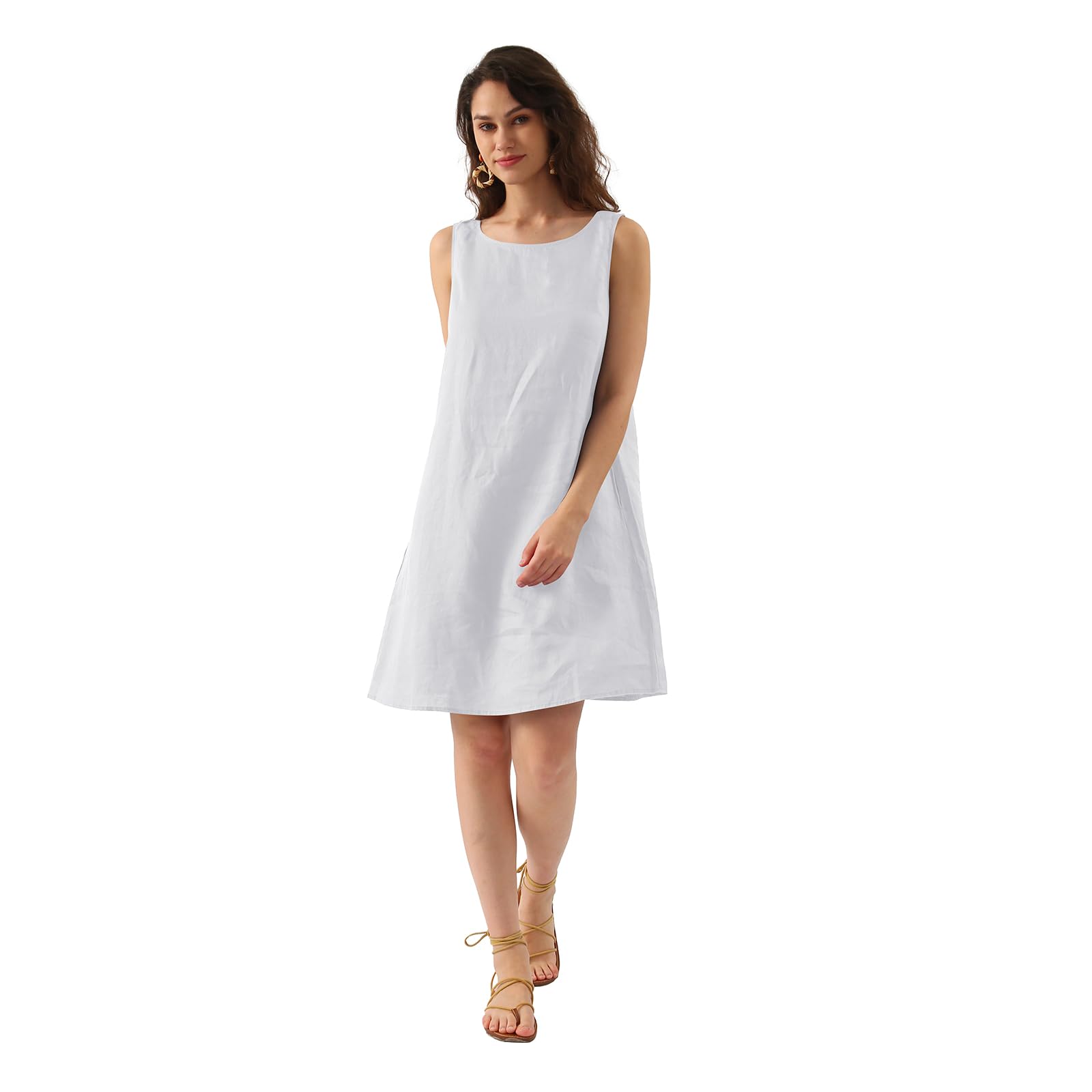 Amazhiyu Leinenkleider Damen Sommer Knielang Leinen A Linien Kleid