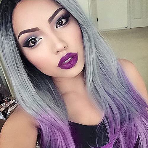 Civrie Ombre Purple Wigs for Women, Synthetic Middle Part Dark Roots Long Wavy Grey Wig , Heat Resistant Cosplay Wig for Women (Ombre Purple)
