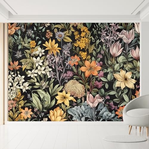 MUDECOR Wall Mural Vintage Floral Garden Vibrant Botanical with Yellow and Orange Flowers Removable Self-Adhesive Wallpaper Wall Decoration for Bedroom Living Room - 132'x192'