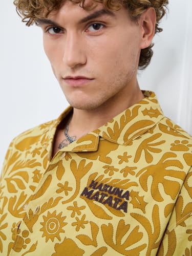 Image of The Souled Store Lion King: Hakuna Vibes Men and Boys Short Sleeves Collared Neck Button Front Yellow All Over Printed Oversized Fit Cotton Holiday Shirts