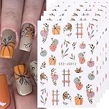 CHarmeFleur Autumn Citrouille Nail Art Stickers 6 Pièces Feuille d'érable Design 3D Autocollants Pailletés Thanksgiving Jour Ongle