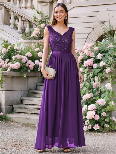 Image of Miusol Women's Sexy Deep V-Neck Sequin Lace Double Sleeveless Evening Party Maxi Dress