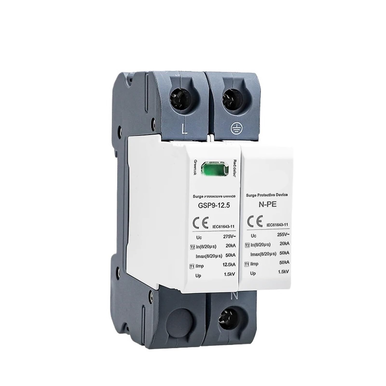 OSHZIKJII 1pcs 12.5KA T1+T2 50KA 2P 1P+NPE Surge Protector 275VAC(1P NPE 12.5KA 275VAC)