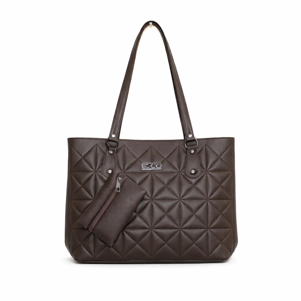 Quilted Dark Brown Faux Leather Tote Bag with Long Shoulder Handles, Detachable Zip Pouch, and Spacious Interior – Elegant Everyday Handbag for Work, Travel, and Casual Use