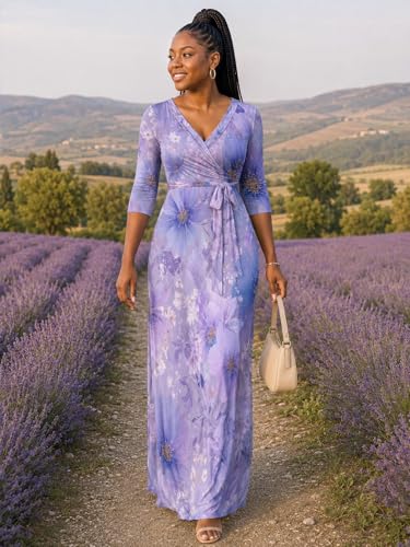 Image of PinkPatty Plus Size Maxi Dresses for Women Casual Flowy Long Dress 3 /4 Sleeve V Neck Wrap Dress with Belt