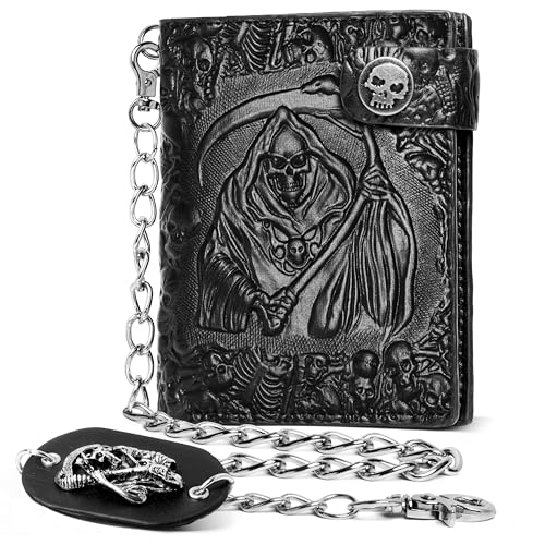 Skull Gothic Chain Wallet Leather - Punk Bifold Halloween Goth Accessories | Unisex, Black