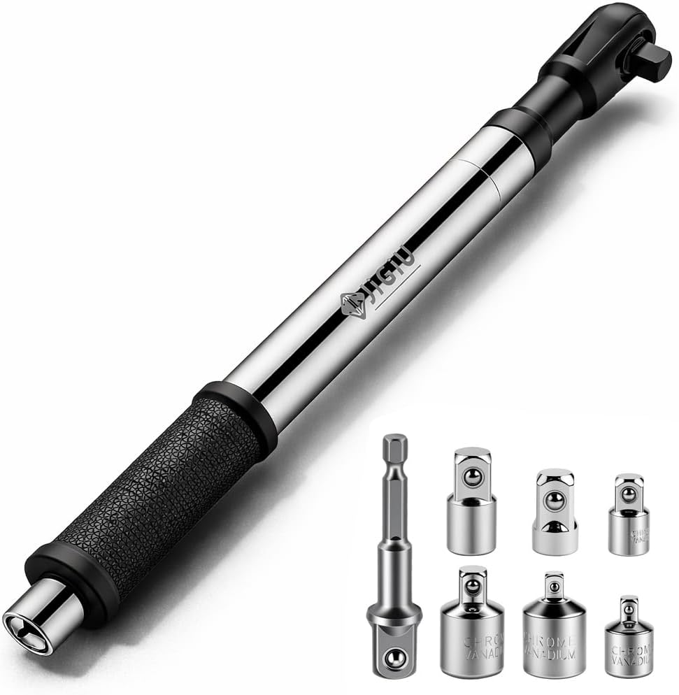 JiGiU 1/2" Offset Extension Wrench Right Angle Impact Wrench Extender for Tight Spaces with 6PCS 1/2" 1/4" 3/8" Square Drive Adapters Offset Torque Wrench Set Manual/Electric Ratchet Extender
