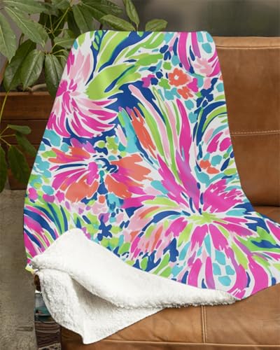 Image of Tropical Floral Throw Blanket - Soft Flannel Fleece Blanket 50x60 Inch - Bright Pink Green Blue Lightweight Cozy Blanket for Couch, Bed, Sofa, or Dorm Room Decor