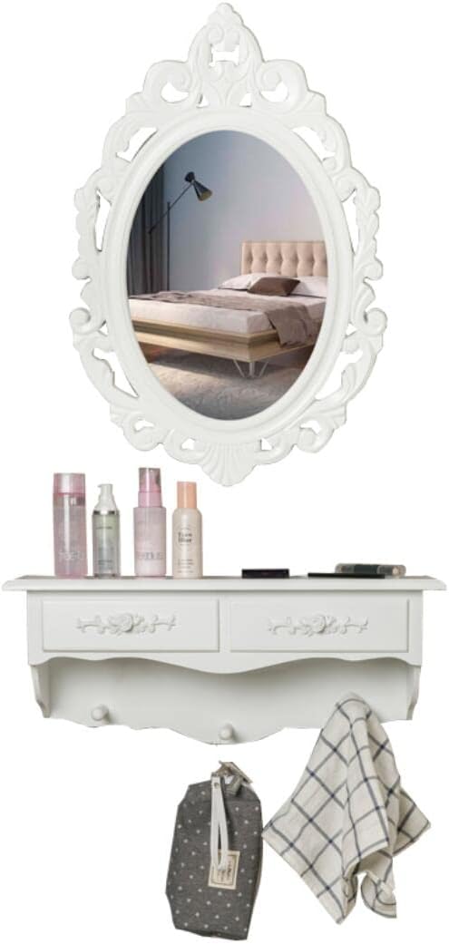 SZFMMY Shabby Chic Dressing Mirror Table Wall Mounted Cosmetic Dresser Storage Drawer Bedroom European Wooden vintage