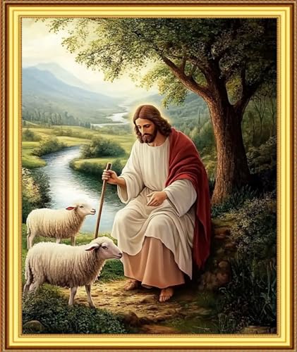 Image of Foxnyart Stamped Cross Stitch Kits Full Range of Embroidery Needlework Starter Kits for Beginners Adults 11CT Embroidery Patterns Art Crafts DIY Needlepoint Kit-Shepherd Under Tree Jesus 16x20 inchs
