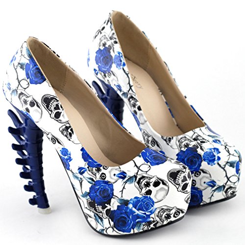 SHOW STORY Ladies Skull Rose Print Platform Bone Heel Party Club Pumps,LF806102