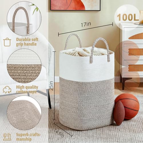 Image of Laundry Basket,Woven Cotton Rope Laundry Hamper,Versatile Storage for Dirty Clothes,Baby Toys,and Blankets in Bathroom, Nursery,and Living Room (Brown, 100L)