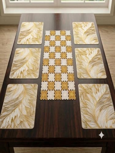 Image of Dakshya Industries PVC Waterproof Table Placemat & Table Runner Combo Set | 6 Dining Table Mats + 1 Runner | Heat Resistant, Washable, Non-Slip Table Mat Set (Modern Serve)