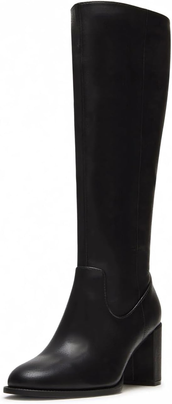 Black Leather Knee High Boots for Women Chunky High Heeled Side Zipper Round Toe Fashion Dress Tall Long Boot