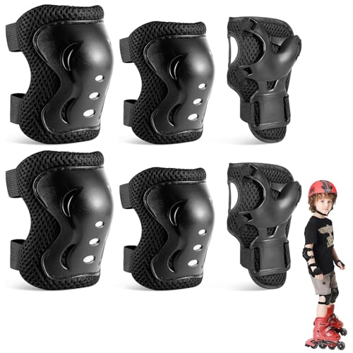Kit de Protection Complète Enfant - 6 Pièces (Genouillères, Coudières, Poignets) - Réglable 3-12 Ans pour Roller, Vélo, Skateboard & Sports, Noir