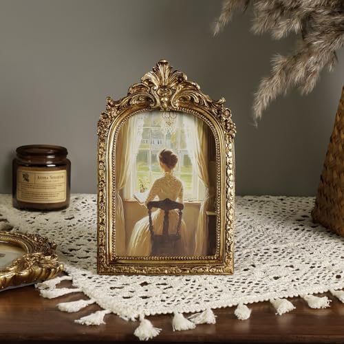 Vintage 4x6 Picture Frame, Gold Ornate Resin Frames with Plexiglass Front for Tabletop and Wall Mounting, Antique Arched Photo Frame for Home Office Decor
