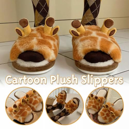 Jfxgjuv Giraffe Slippers for Women Men, Cute Fluffy Giraffe Print Fuzzy Animal Slippers Warm Cozy Plush Comfy Non-Slip House Shoes3