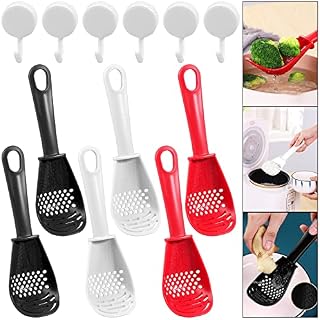 TBoxBo 6 Pack Multifunctional Kitchen Cooking Spoon,with 6 White Hooks,Colander Skimmer Scoop,Food-Grade Strainer Grater Masher,Premium Slotted Spoon Used for Cooking, Draining, Mashing, Grating