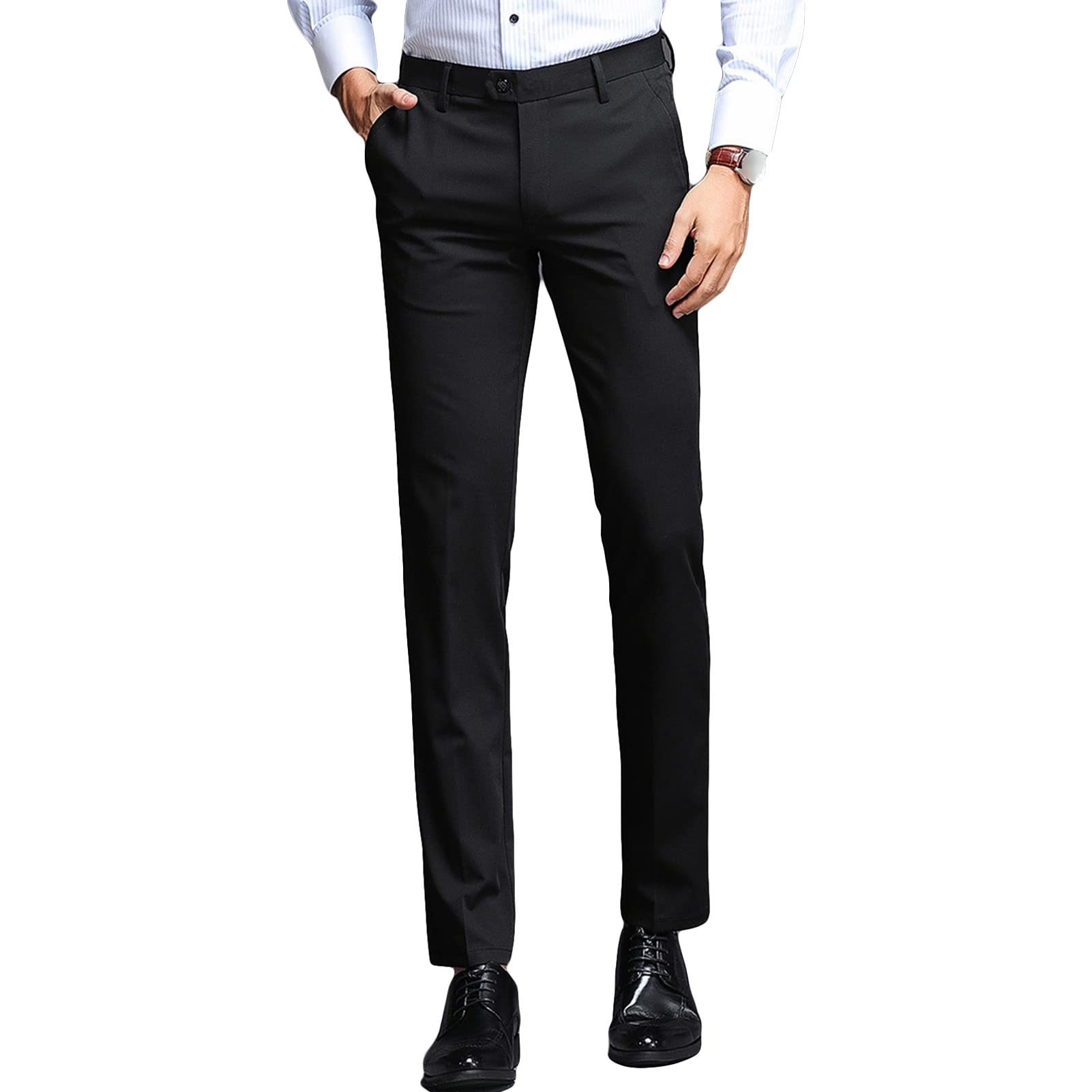 Men's Slim Fit Skinny Stretch Pant Classic Solid Color Tapered Suit Pant Lightweight Business Comfort Trousers (Black,36)