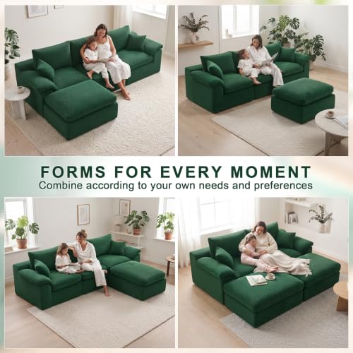 Image of Cloud Sectional Couch, Boneless Couches for Living Room, Green | L shaped, Modular Sectional Sofa with Deep Seat & Convertible Ottoman, Built for Family Life, Apartments & Living Rooms