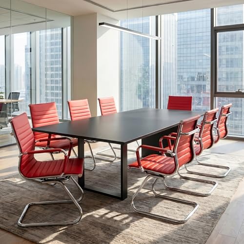 Image of HNY Leather Office Guest Chairs & Reception Chairs Set of 8, Modern Waiting Room Chairs with Arms, Desk Chair no Wheels with Sled Base for Waiting Room /Conference Room, Burgundy
