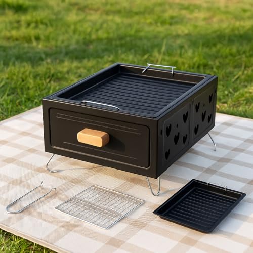 Tragbarer Holzkohlegrill,Campingkocher mit Schublade montierter Holzkohleablage, Camping Grill, Mini Grill, Tischgrill Holzkohle für Grillabende, Picknicks und Teezubereitung (Schwarz)
