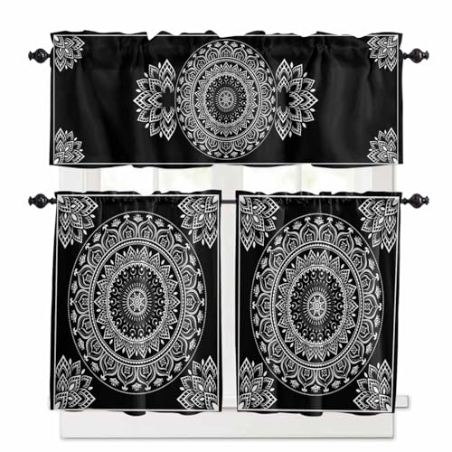 Black Boho Kitchen Curtains 36 Inch Length,3 Piece Rod Pocket Small Half Tiers and Valance Set,Retro Farmhouse Neutral Abstract Geometric Small Large Window Treatment Decor for Bedroom/Bathroom Sink