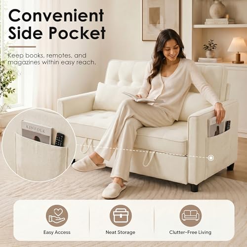 Image of Dreamzie 55'' 3 in 1 Convertible Sofa Bed with USB Charging Ports, Pull Out Couch with Adjustable Backrest and Side Pockets, Sleeper Sofa for Living Room, Apartment, RV, Easy Assembly - Beige