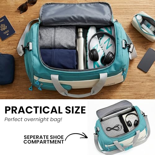 Image of POPCUBE Nylon 50 cms Imported Travel Duffle Bag Multi- Pocket Sports Shoulder Bag for Women with Wet Pocket & Shoe Compartment Weekender Overnight Travel Luggage Bag (50x25x27cm) (Modern, Sky Blue)