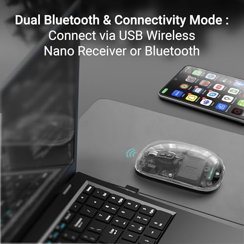 Image of ZEBRONICS Sheer Rechargeable Wireless Mouse, Dual Mode (2.4GHz + BT), Dual Bluetooth, Silent Operation, Transparent Body, RGB, Battery Indicator, for Mac | Laptop | Computer (Grey)