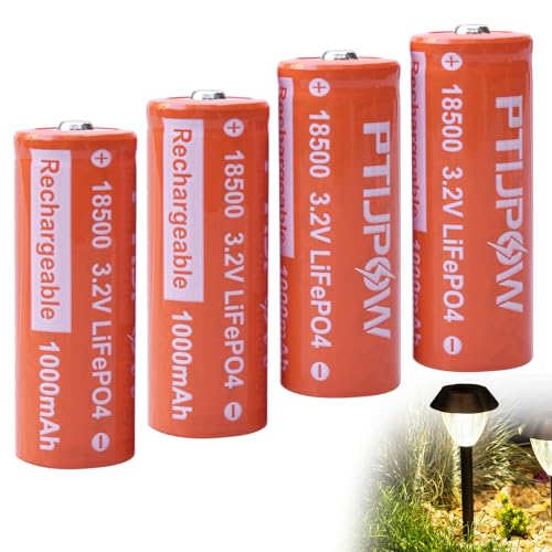 PTIJPOW (4-Pack 18500 3.2V LiFePO4 Solar Batteries, 18500 3.2 Volt 1000mAh Lithium Iron Phosphate Rechargeable Solar Battery for Outdoor Solar Lights (Not AA Battery)