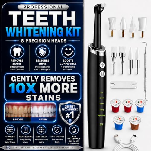 Electric Tooth Polisher Plaque Remover for Teeth Tooth Stain Tartar Remover Teeth Cleaner Dental Cleaning Kit for Tooth Whitening 5 Modes Rechargeable & LED Light (Black)