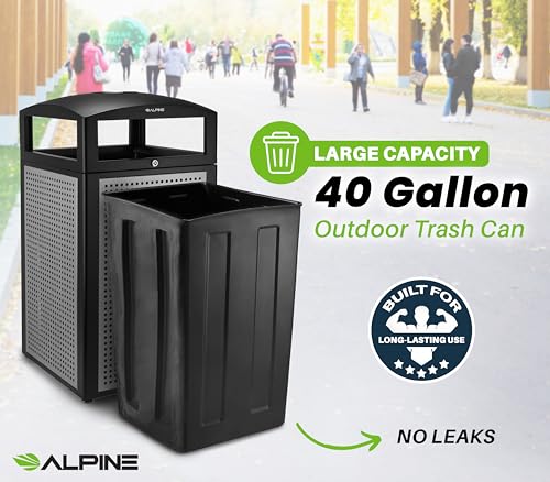 Image of Alpine 40-Gallon Outdoor Commercial Trash Can with Ashtray & Locking Lid - Heavy-Duty Cigarette Disposal Bin with Removable Liner for Parks, Hotels & High-Traffic Outdoor Areas - Black & Grey