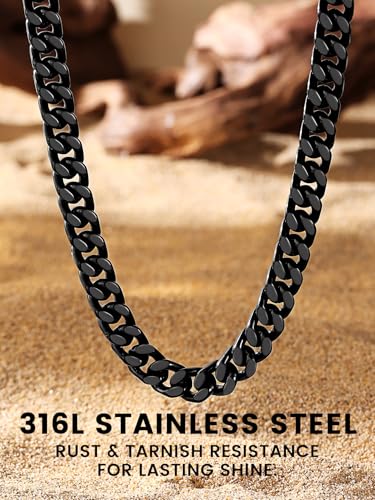 Bestyle Thick Stainless Steel Mens Cuban Link Chain, Black/Gold Chain for Men, No Tarnish & Durable Men Chain Necklace, 5/7/9/12mm Wide, 18"-30" Long, Gift Package3