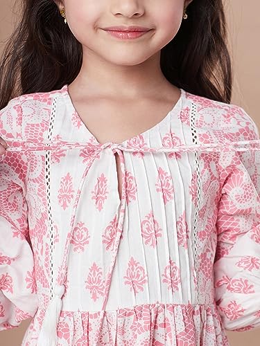 Image of Pspeaches Girls Tiered Floral Print Tie-Up Neck A-Line Midi Cotton Dress (Pink)