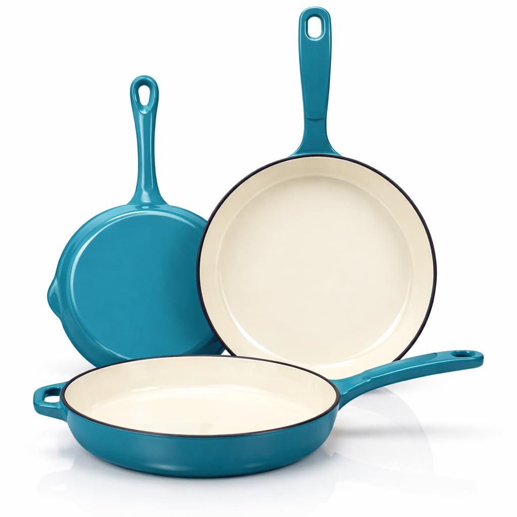 Hisencn Enameled Cast Iron Frying Pan Set, 3 Piece Set of Skillets(8''/9.5''/11''), PFAS & PTFE & PFOA -Free, Gas/Induction/Electric/Oven Compatible, Biscay Blue