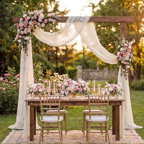 Image of HunnmingRe Wedding Arch Draping Fabric Summer 2 Panel 30 inch X18ft Lace Wedding Arch Drapery Embroidered Boho Rustic Backdrop Vintage Decor for Bridal Shower Church Ceremony Decoration(Ivory White)