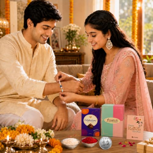 Image of Frostick Rakhi Combo for Brother with 1 Evil Eye Rakhis, Chocolates Roli Chawal Greeting Card and Gift Box Ideal for Raksha Bandhan Festival Gifting
