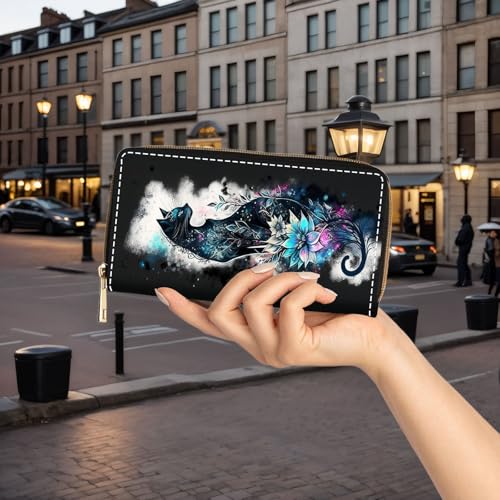 Wallet,Large Capacity RFID Blocking Leather Wallet, Durable Smooth Zipper Clutch,Unisex Travel Wallet for Cards,Cash,and Coins - Black Cat and Flowers3