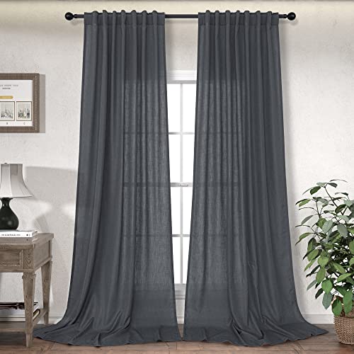 Dark Grey Linen Curtains 84 Inch Length for Living Room Dining 2 Panels Back Tab...