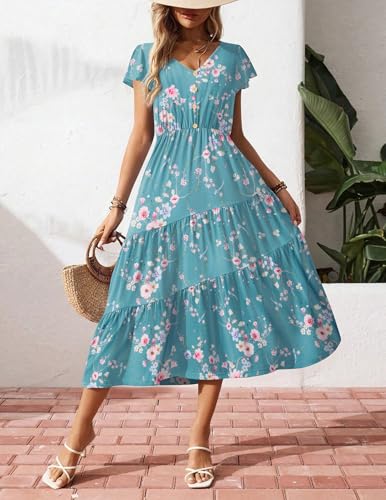 Image of Zeagoo Women's Summer Casual Dress Flutter Short Sleeve V Neck Button Down Tiered Flowy Long Dress with Pockets