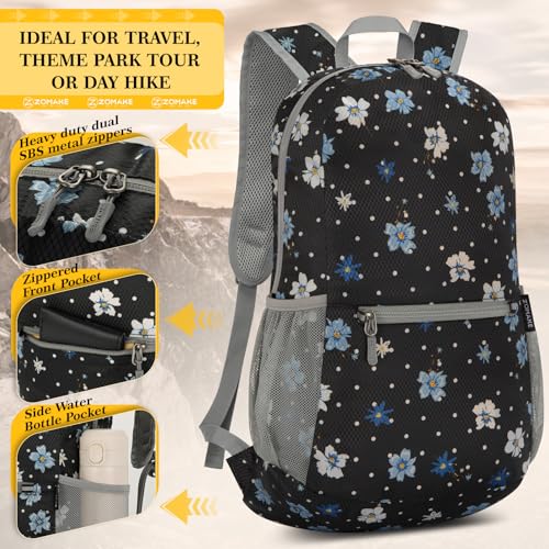 Image of ZOMAKE Ultra Lightweight Hiking Backpack 20L, Packable Small Backpacks Water Resistant Daypack for Women Men(Black,White Polka Dot Floral)