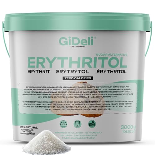 GiDeli Eritritol 3 kg en cubo de azúcar granulada de reemplazo de alimentos como alternativa vegana y de azúcar amigable con los dientes