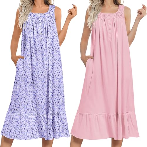 Image of Ekouaer 2 Pack Nightgowns for Women Sleeveless Long Night Gowns Victorian Nightdress with Pockets Soft Ladies Gown