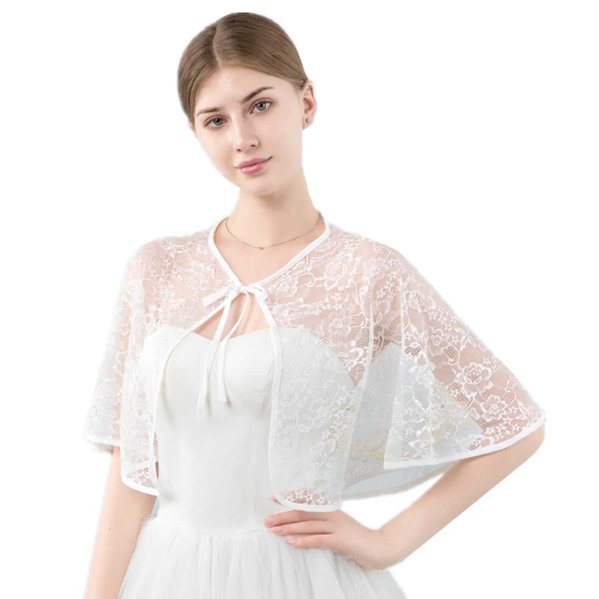 Samheng Women's White Lace Wedding Shawl Wrap For Embroidered Floral Evening Cape Bridal Cover Up Scarf Lace-Up Poncho, Open Front Party Dress Bolero Shrug Cardigans Elegant Capelet Shawl Tops (White)