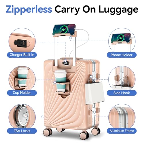 Image of Carry On Luggage, Hardside Zipperless Suitcase, Light Pink, 20 in | Airline Approved, Aluminum Frame, TSA Lock, 360Spinner Wheels, PC, Charger Port, Cup and Phone Holder, Side Hook